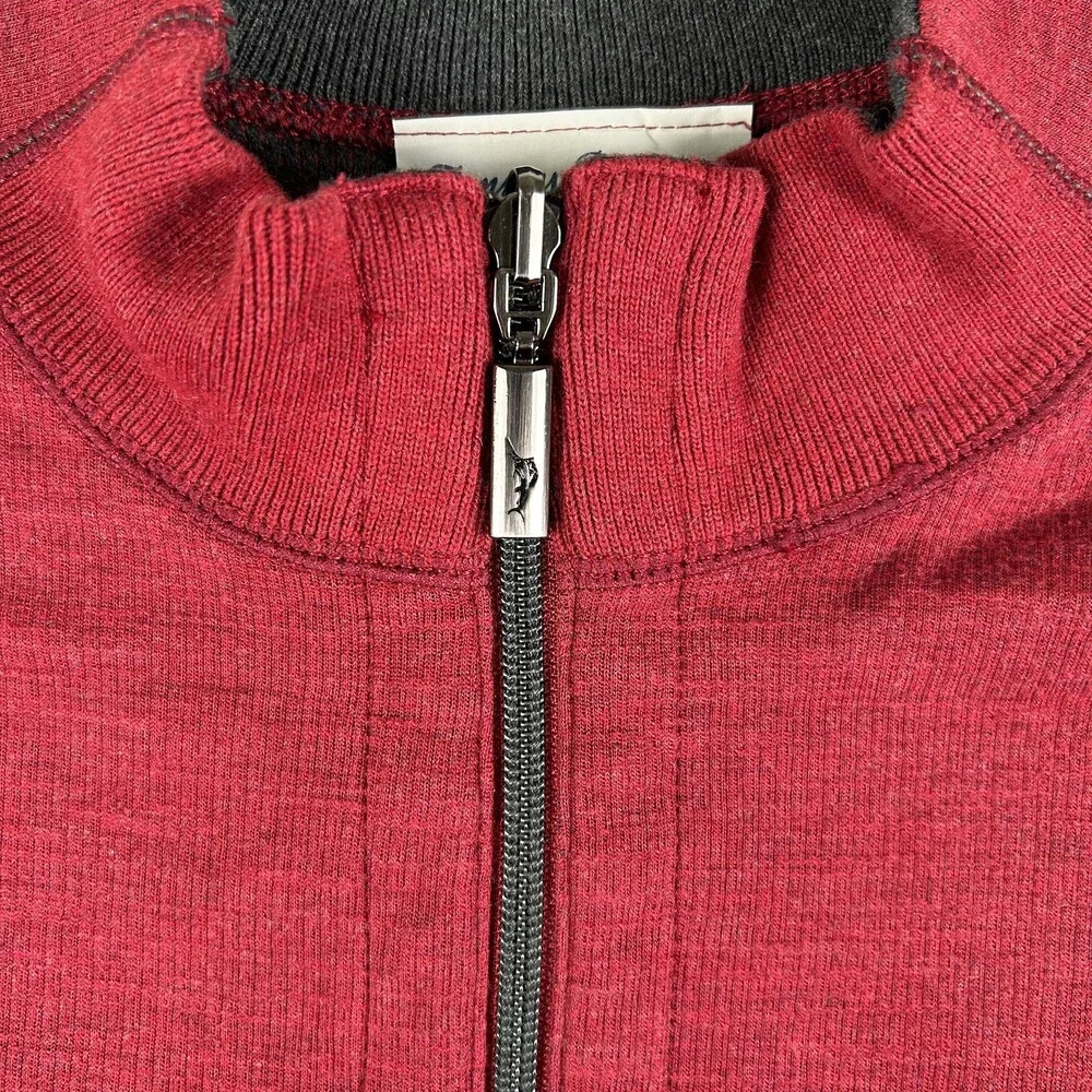 Tommy Bahama Sweater Mens Large Red Reversible 1/4 Zip Mock Neck Knit Pullover